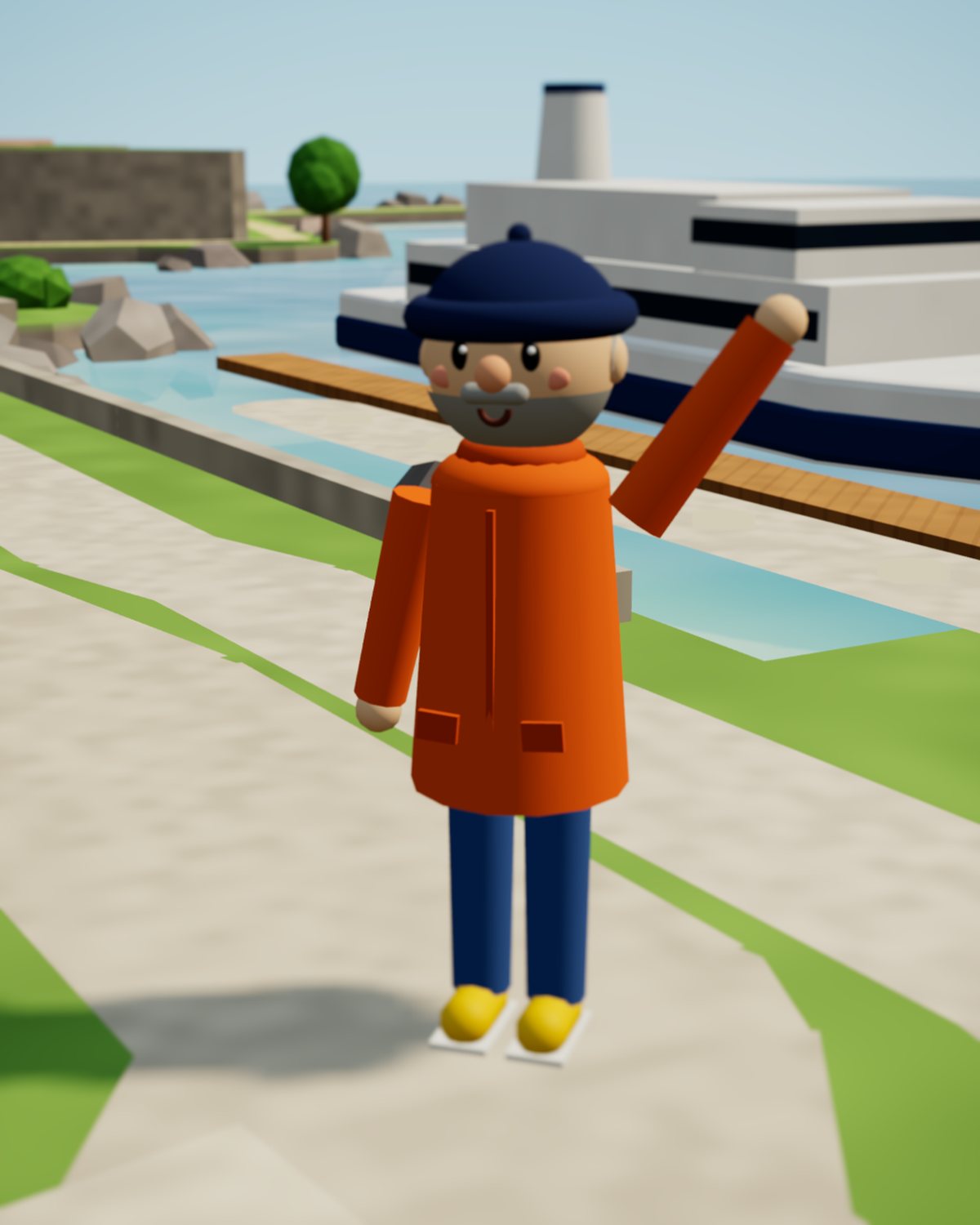 Le personnage du capitaine : bonnet docker bleu marine, barbe grise, manteau orange, jean et baskets jaunes, qui salue devant le ferry à quai au Palais