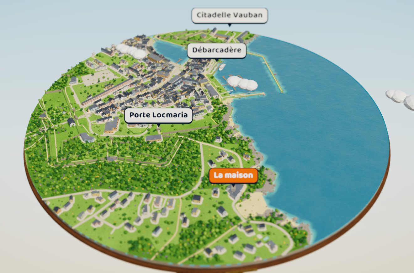 Vue d'ensemble du diorama : le Palais, le port, la citadelle et l'anse de Ramonette sur un socle rond en bois